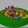 Colorful Small Buildings in Children's Playground with Yellow Paths and Green Turf Area