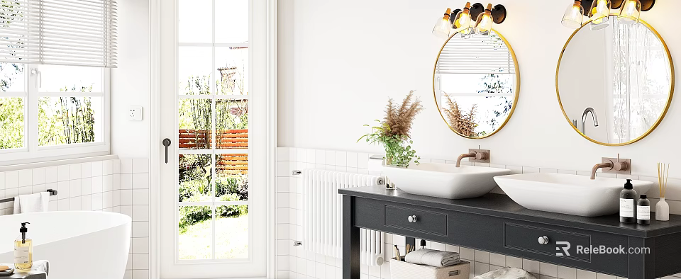 Modern Bathroom With Round Gold Framed Mirror Black Countertop Vanity White Sinks And Green Plants 3d model 