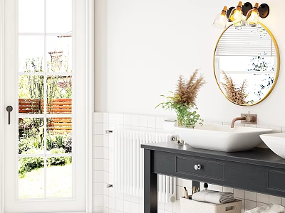Modern Bathroom With Round Gold Framed Mirror Black Countertop Vanity White Sinks And Green Plants 3d model