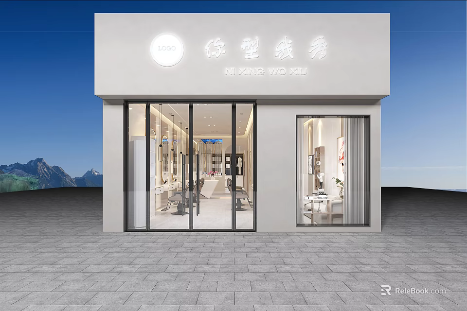 Modern Beauty Hair Salon Exterior With White Facade Glass Windows Paved Ground And Styling Equipment 3d model 