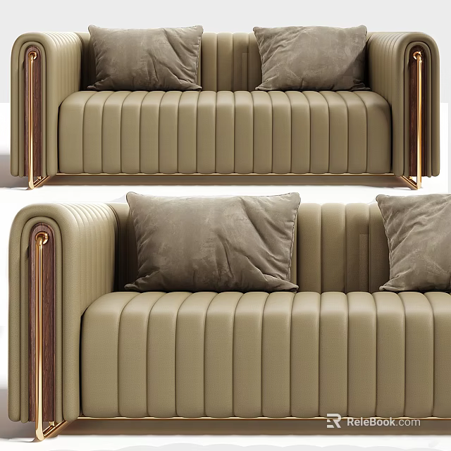 Modern Luxury Beige Striped Sectional Sofa With Metal Armrests And Plush Throw Pillows 3d model 
