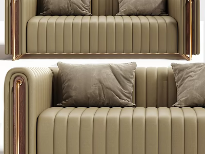 Modern Luxury Beige Striped Sectional Sofa With Metal Armrests And Plush Throw Pillows 3d model