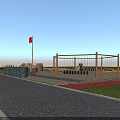 Scenic Park Landscape With Green Lawns Pond Red Flag And Wooden Playground Areas
