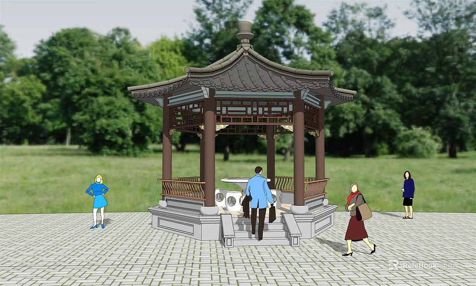 Traditional Landscape Pavilion with Green Trees Grassy Area People Walking Near Steps 3d model 