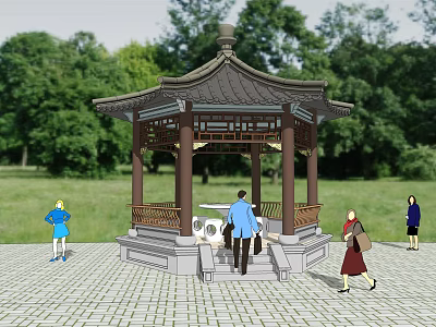 Traditional Landscape Pavilion with Green Trees Grassy Area People Walking Near Steps 3d model