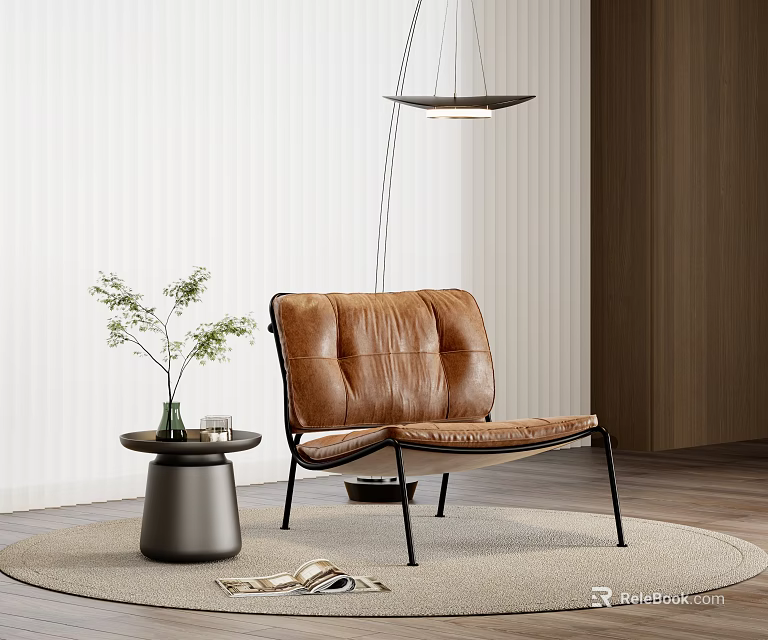 Modern Brown Leather Leisure Chair In Minimalist Interior With Small Side Table And Green Plant 3d model 