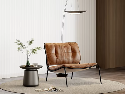 Modern Brown Leather Leisure Chair In Minimalist Interior With Small Side Table And Green Plant 3d model