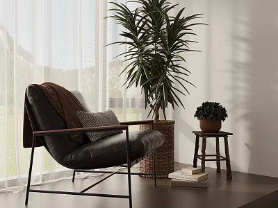 Black Leather Leisure Chair With Brown Blanket Metal Frame And Mountain View Through Window 3d model