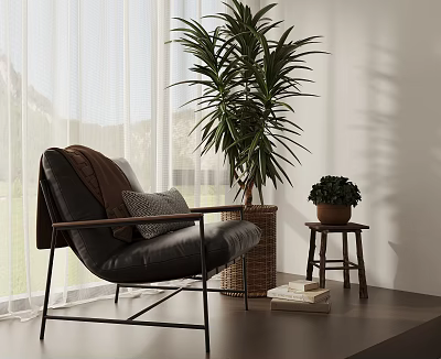 Black Leather Leisure Chair With Brown Blanket Metal Frame And Mountain View Through Window 3d model