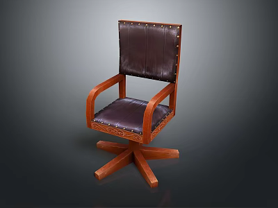 Classic Wooden Frame Chair With Dark Leather Upholstery Riveted Details And Swivel Base 3d model