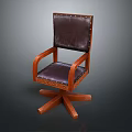 Classic Wooden Frame Chair With Dark Leather Upholstery Riveted Details And Swivel Base