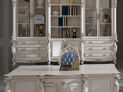 Ornate White European Bookcase With Glass Doors Books Decorative Items Matching Desk And Blue Chair 3d model