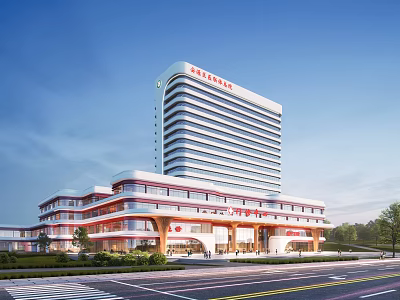 Modern High Rise Hospital Building With Red White Exterior And Glass Facade Entrance Area 3d model