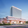 Modern High Rise Hospital Building With Red White Exterior And Glass Facade Entrance Area