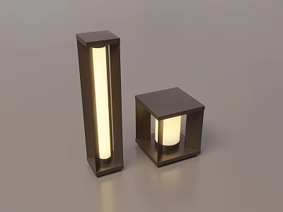 Modern Outdoor Lights With Tall Rectangular And Square Metal Frames And Warm Glowing Light 3d model