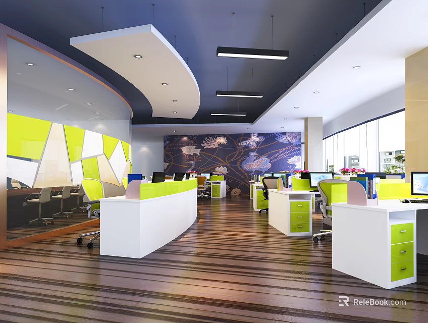 Modern Public Office Space Interior With Open Layout Bright Furniture And Pendant Lights 3d model 