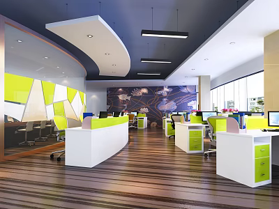 Modern Public Office Space Interior With Open Layout Bright Furniture And Pendant Lights 3d model