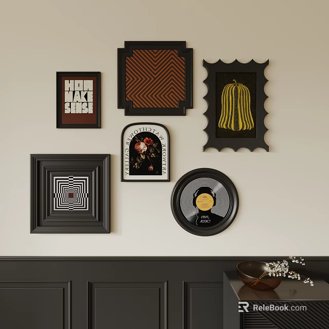 Diverse Abstract Paintings on Wall with Various Black Frames and Unique Shapes 3d model