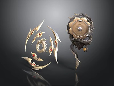 Ornate Golden Blades With Red Gemstones And Dragon Shield Design Weapons 3d model