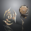 Ornate Golden Blades With Red Gemstones And Dragon Shield Design Weapons