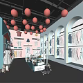 Colorful Kids Clothing Store With Hanging Clothes Arched Windows Blue Walls And Balloons