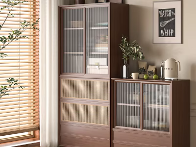 Wooden Entryway Cabinet Sideboard With Glass Doors Rattan Panels And Decorative Items 3d model
