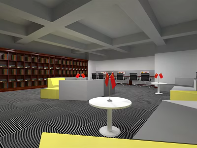Spacious Conference Room With Wooden Bookshelves Conference Tables And Yellow Sofas 3d model