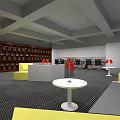 Spacious Conference Room With Wooden Bookshelves Conference Tables And Yellow Sofas
