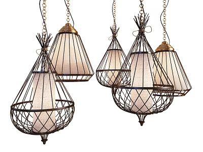 Vintage Metal Frame Chandeliers With White Shades And Ornate Wire Structures 3d model