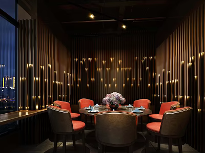 Elegant Private Dining Room With Wooden Wall Lighting Decor Round Table And Orange Chairs 3d model