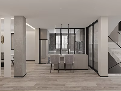 Modern Restaurant Interior Design With Open Layout Dining Table Glass Partitions And Wooden Flooring 3d model