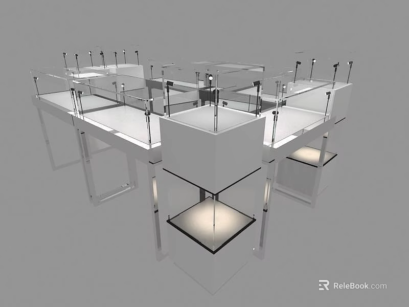 Modern Display Area Featuring Transparent Glass Shelves White Platforms And Chandelier 3d model 