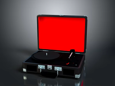 Open Black Suitcase Style Record Player With Red Interior And Turntable 3d model