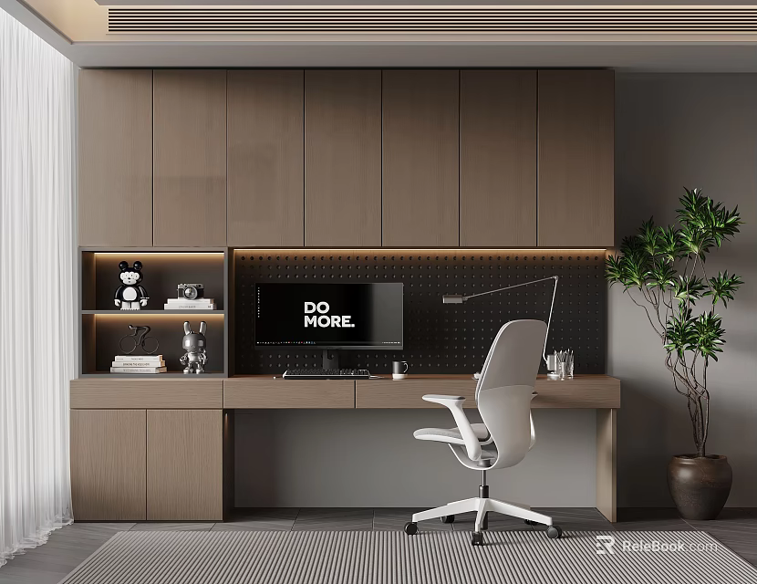 Modern Home Workspace With Wooden Cabinets Desk Monitor And White Office Chair 3d model 