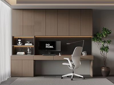 Modern Home Workspace With Wooden Cabinets Desk Monitor And White Office Chair 3d model