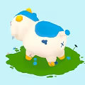 Cartoon Cow Plush Toy With Blue White Body Yellow Accents On Green Grass With Flowers