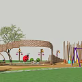 Outdoor Children's Playground With Swings Slide Climbing Structure Trees And Stone Path