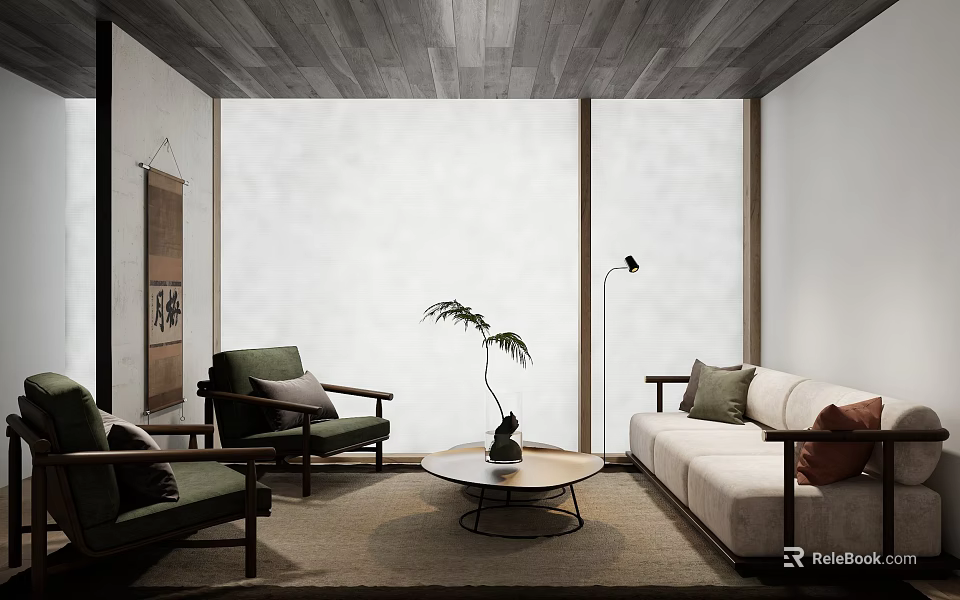 Stylish Minimalist Living Room Interior Design With Wooden Seats Round Coffee Table And Soft Lighting 3d model 