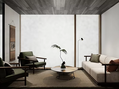 Stylish Minimalist Living Room Interior Design With Wooden Seats Round Coffee Table And Soft Lighting 3d model