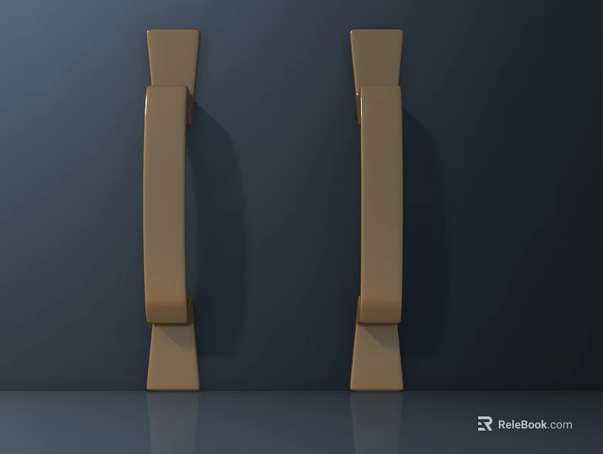 Two Golden Modern Metal Door Handles on Dark Sleek Door Surface with Shiny Finish 3d model 
