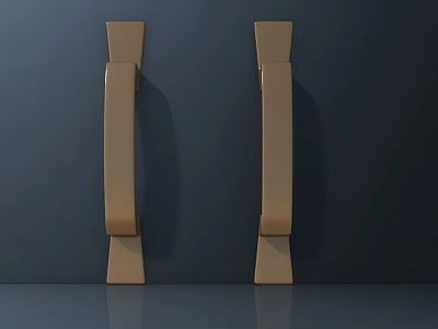 Two Golden Modern Metal Door Handles on Dark Sleek Door Surface with Shiny Finish 3d model
