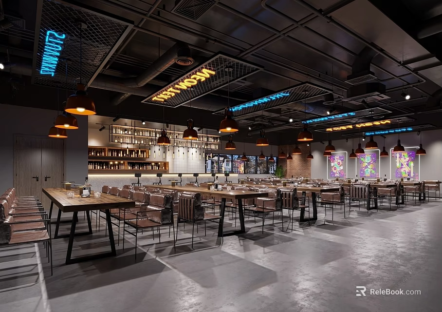 Modern Industrial Restaurant Interior With Long Dining Tables Hanging Pendant Lights Wine Racks And Colorful Windows 3d model 