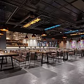 Modern Industrial Restaurant Interior With Long Dining Tables Hanging Pendant Lights Wine Racks And Colorful Windows