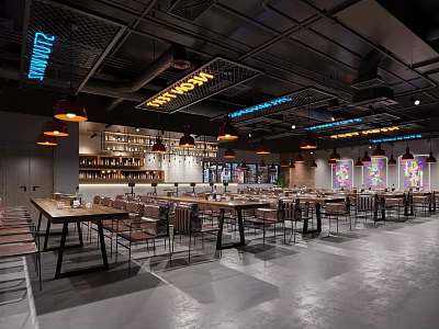Modern Industrial Restaurant Interior With Long Dining Tables Hanging Pendant Lights Wine Racks And Colorful Windows 3d model