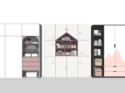 Three Stylish Wardrobes Featuring White Pink Black Arch Round Details Storage Shelves And Books 3d model