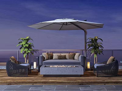 Outdoor Sofa with Fire Pit Table and Umbrella on Patio with Green Plants 3d model
