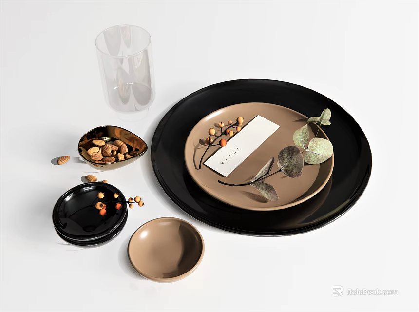 Modern Black And Beige Tableware Set With Plates Bowls Glass Leaves Nuts On Dining Table 3d model 