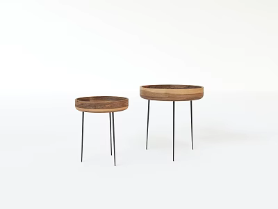Two Round Coffee Tables With Wooden Tops And Black Thin Legs On White Background 3d model