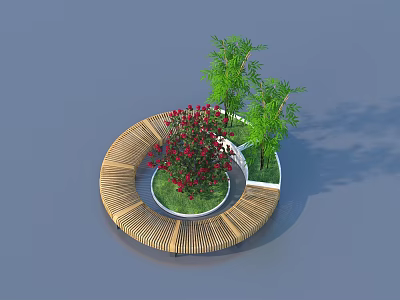 Circular Wooden Bench Garden Seating Area With Red Flowering Plant And Green Trees 3d model
