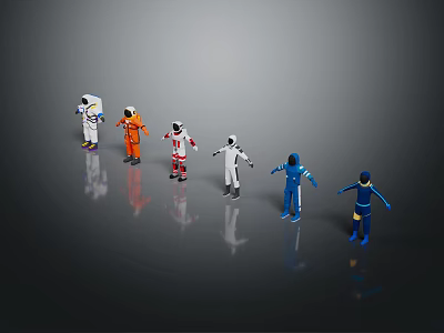 Men in Various Colored Spacesuits Standing on Gray Reflective Surface Area 3d model
